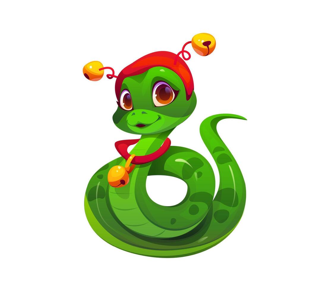 Cute green cartoon snake character wearing red hat vector