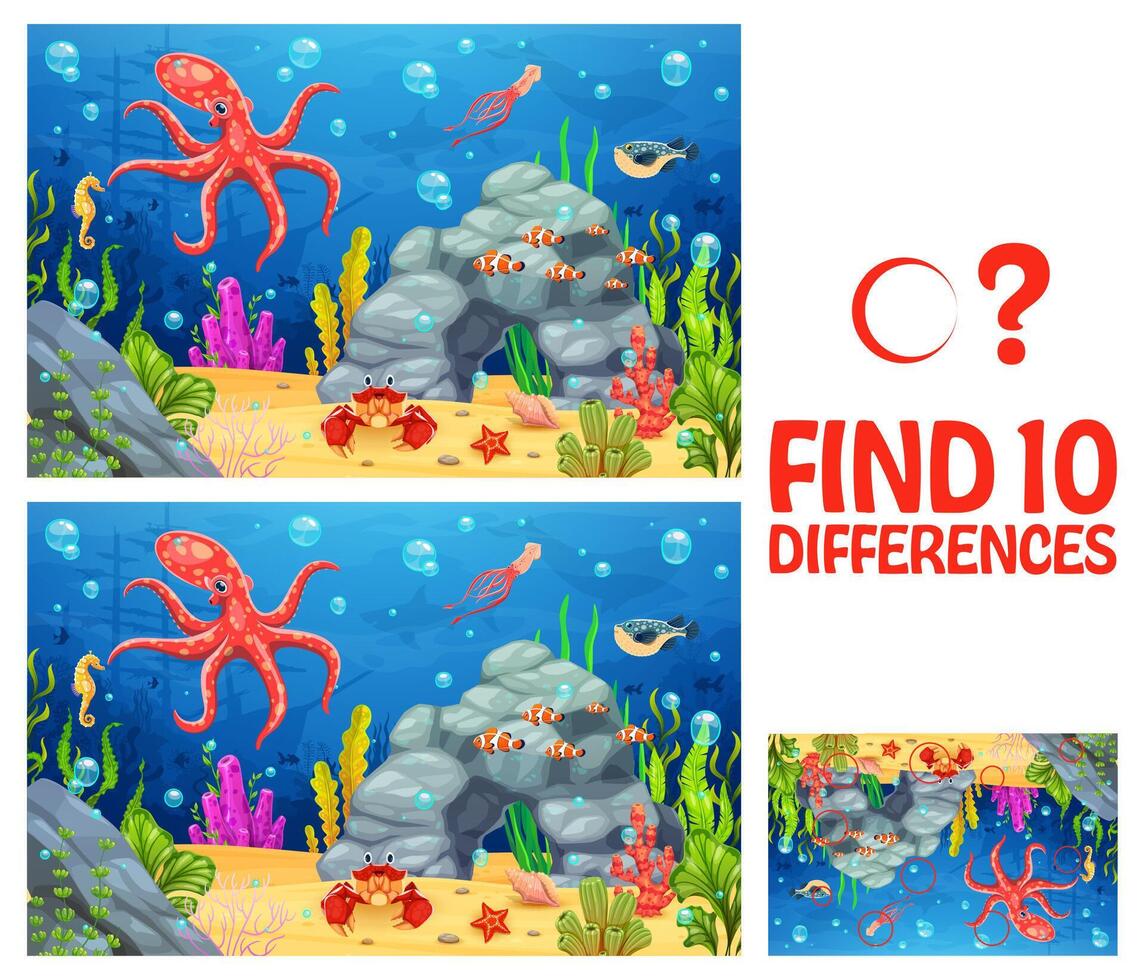 Find ten differences game, underwater sea animals vector