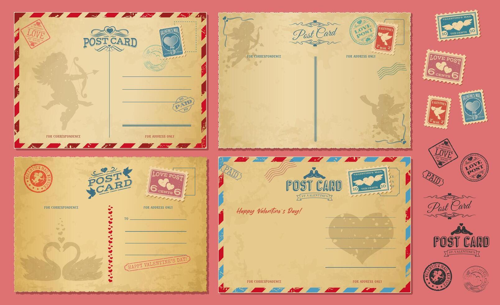 Valentine day antique postcards, vintage postage vector