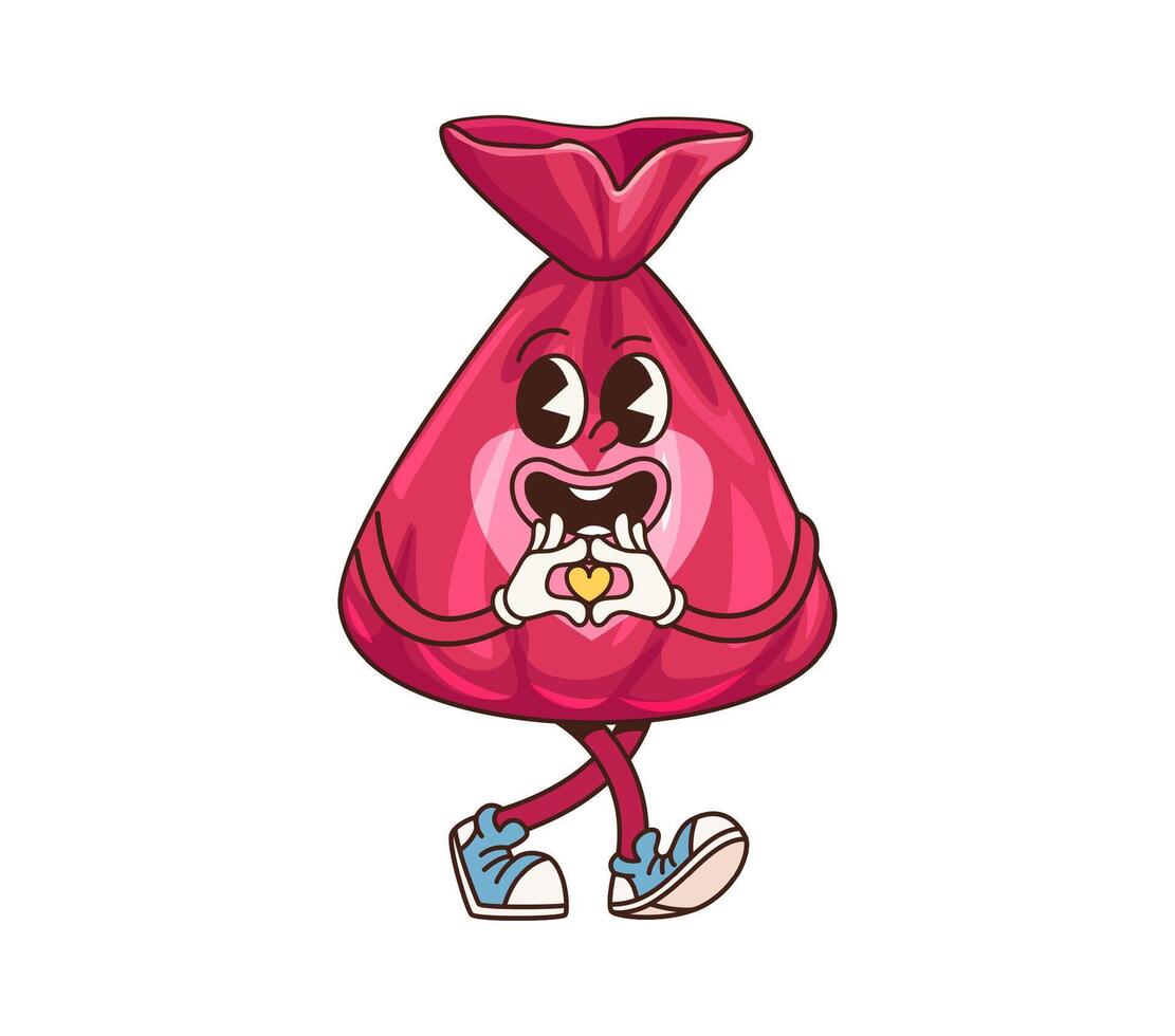 Retro groovy candy character making heart gesture vector