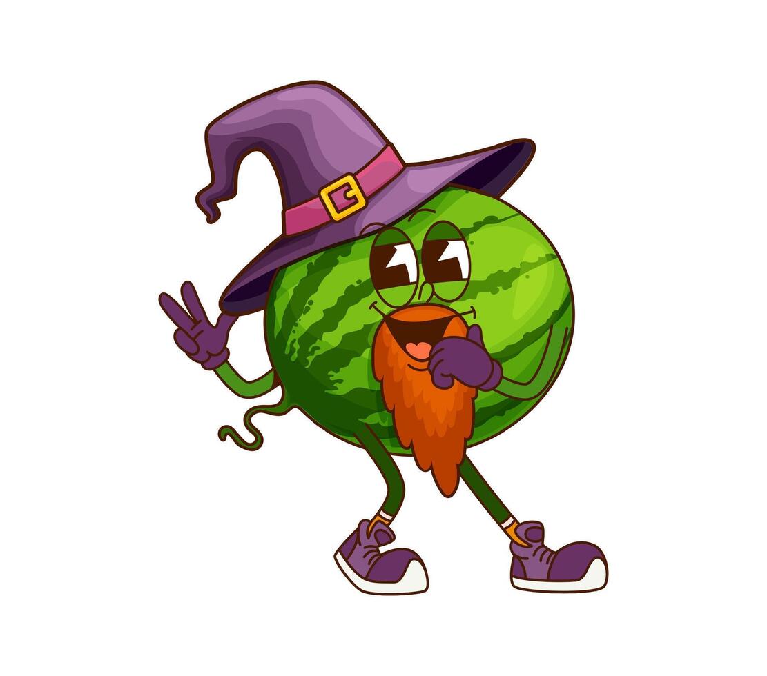 Groovy watermelon fruit halloween wizard character vector