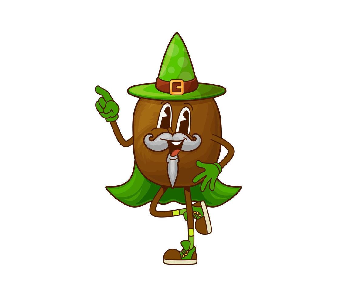 Groovy kiwi fruit halloween wizard character vector
