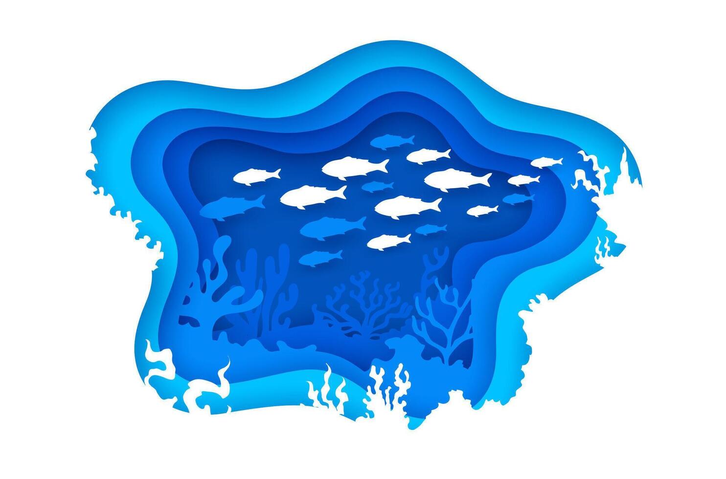 Paper cut underwater landscape, tropical fishes vector