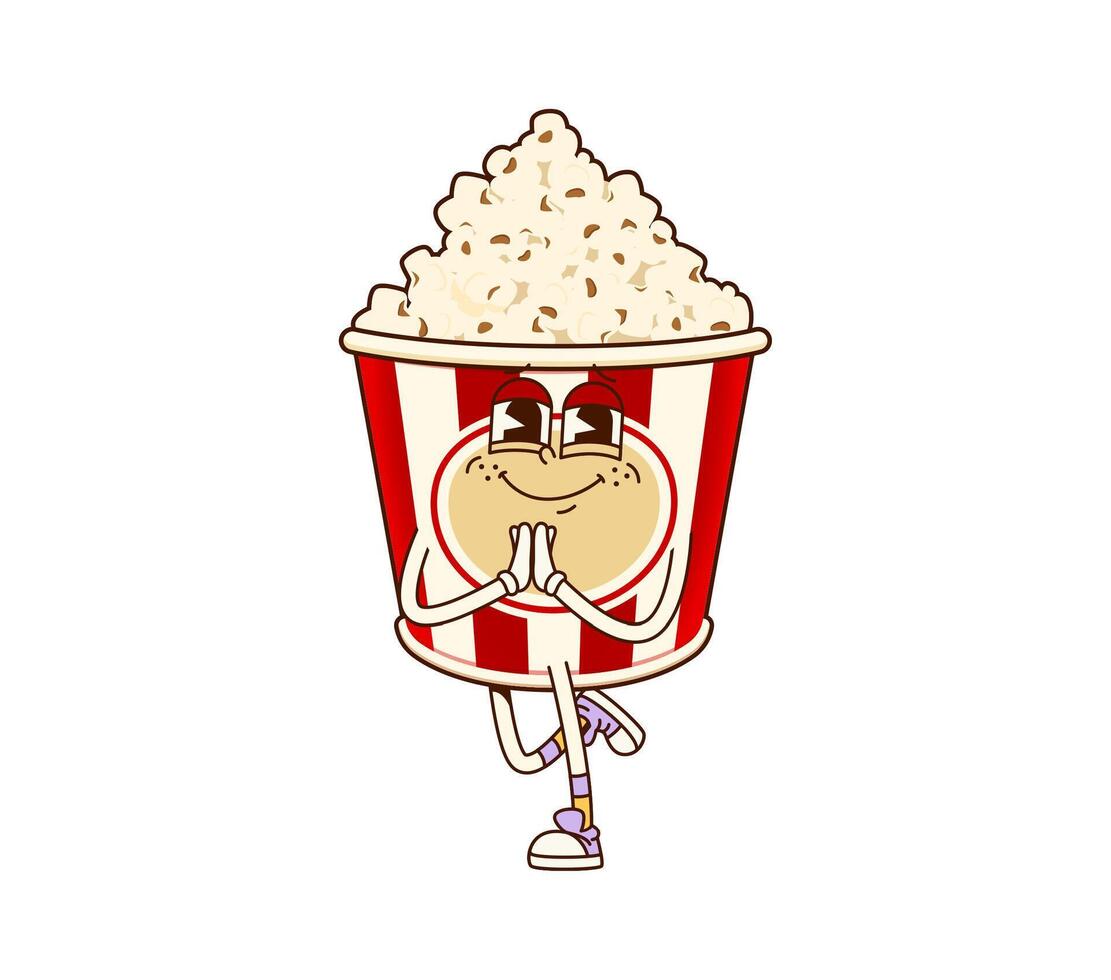 Groovy fast food popcorn bucket doing yoga pose vector