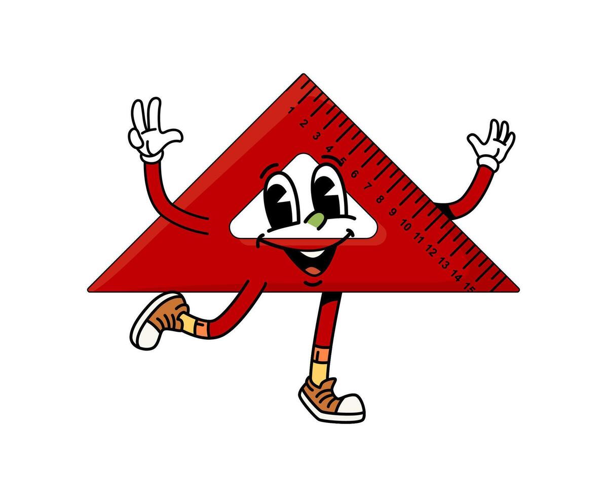 Cartoon groovy school ruler, funny character vector