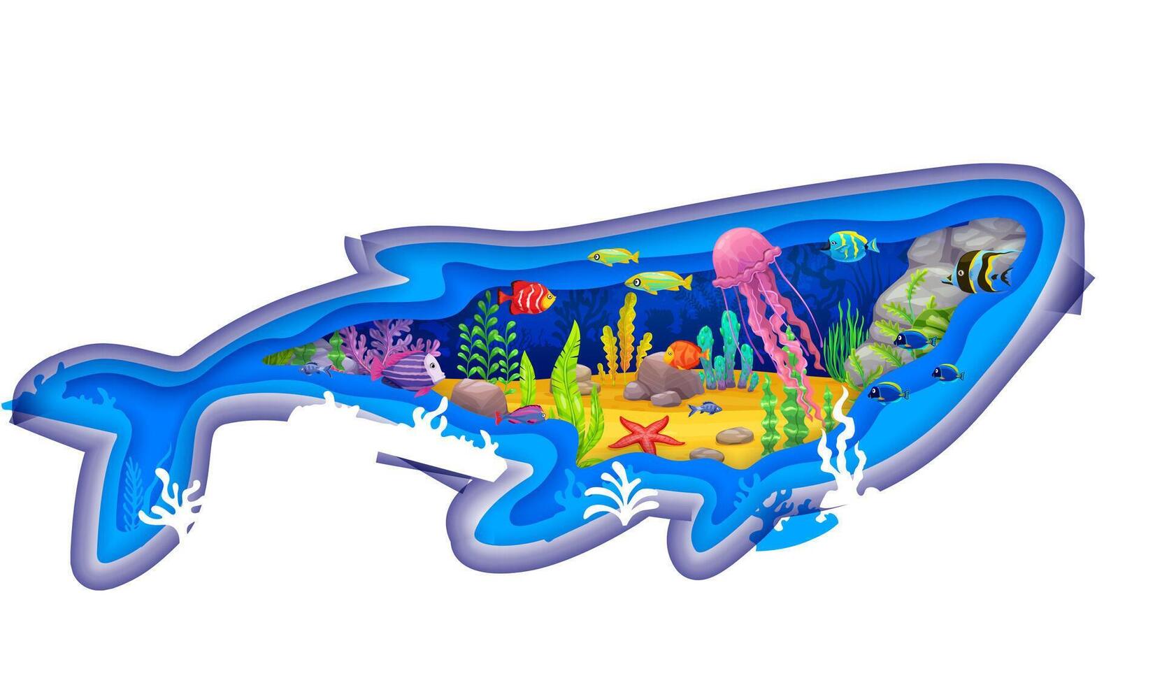 Paper cut sea whale silhouette, underwater fishes vector