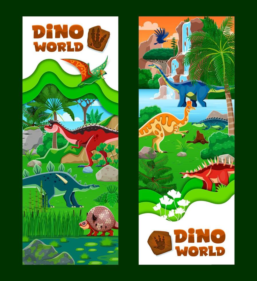 Paper cut dino world banners with prehistoric dino vector