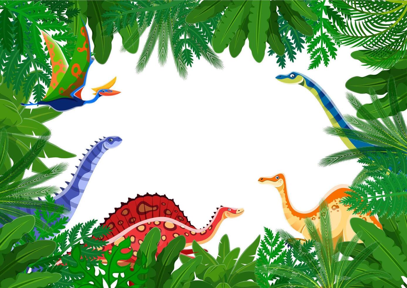 Jungle forest frame with prehistoric dinosaurs vector