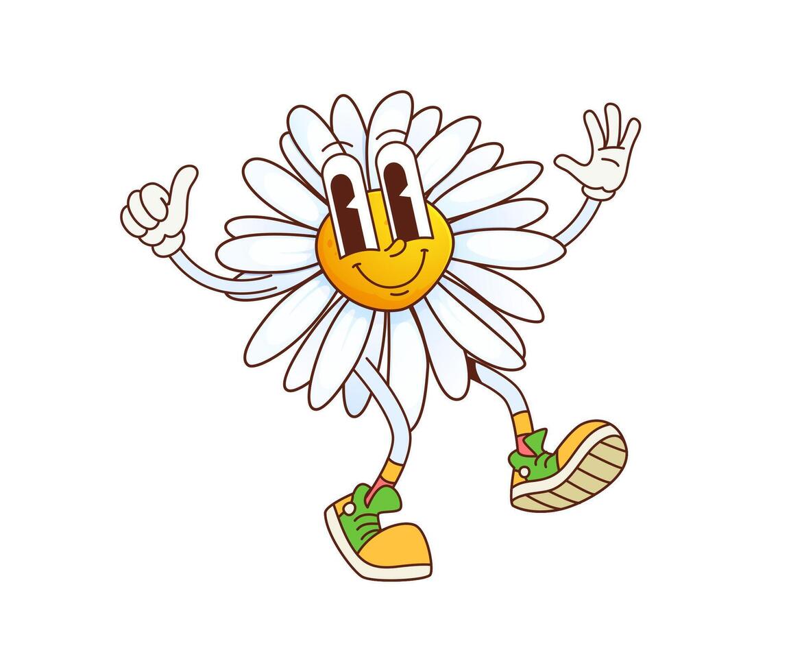 Groovy daisy chamomile flower flashing thumbs-up vector