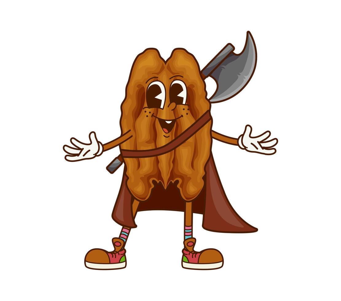 Groovy pecan nut superhero character with ax vector