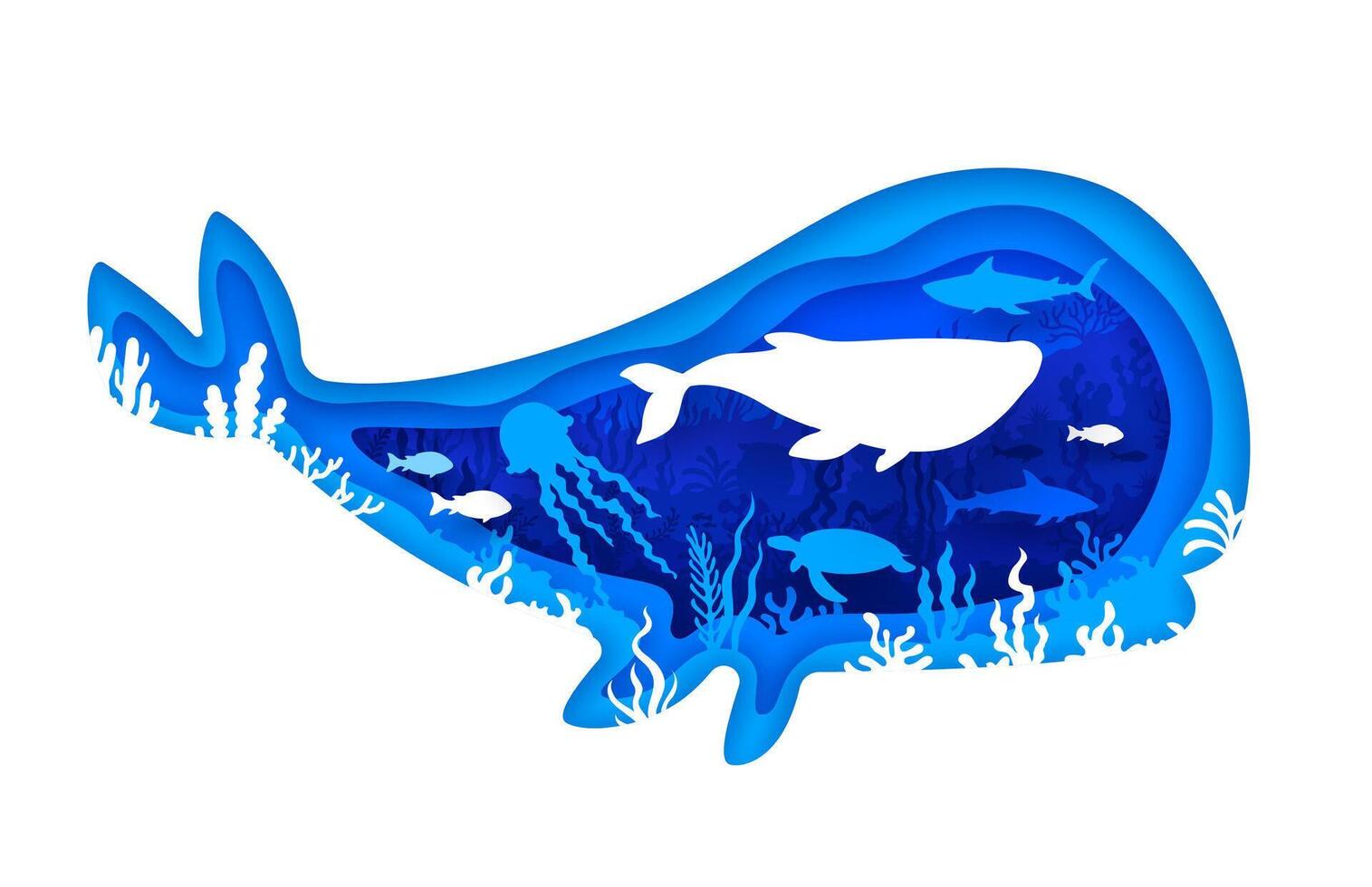 Paper cut underwater landscape whale silhouette vector