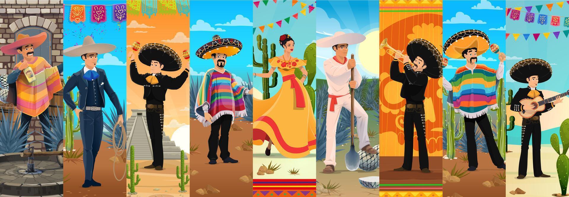 Cartoon Mexican characters collage with mariachi vector