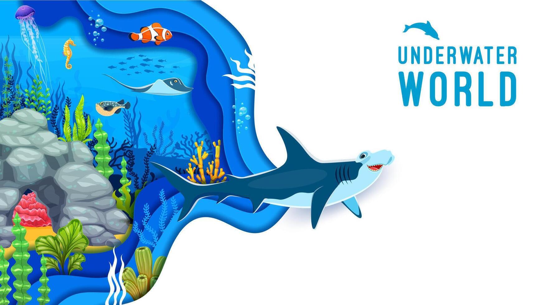 Cartoon paper cut underwater landscape with shark vector