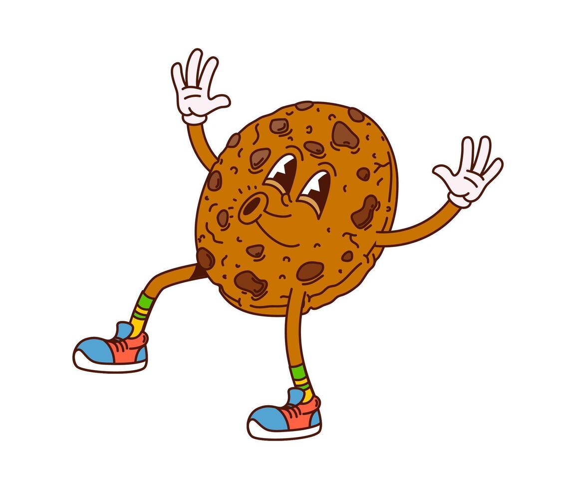 Cartoon groovy chocolate cookie retro character vector