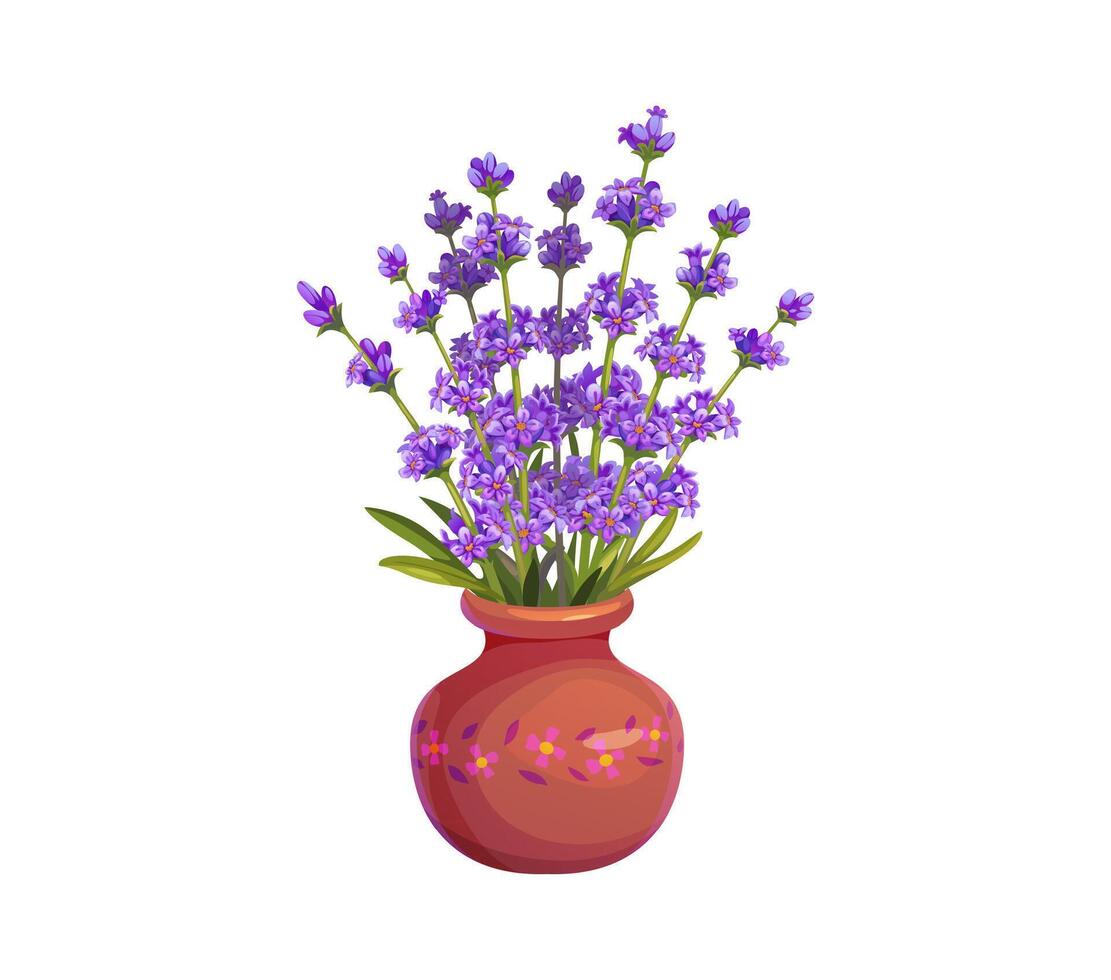 Cartoon lavender flowers arranged in a clay vase vector
