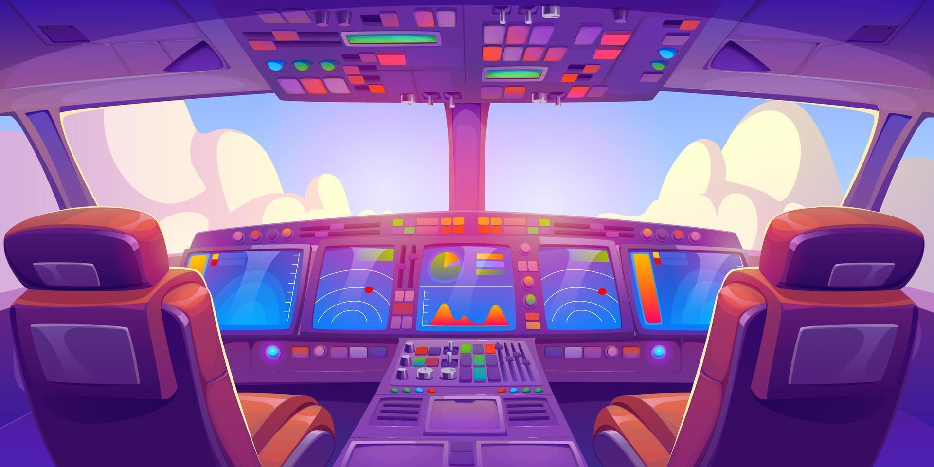 Airplane cockpit, cabin interior with dashboard vector