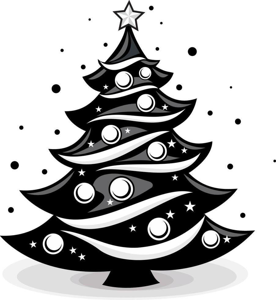 Elegant Black and White Christmas Tree Illustration - Black Christmas tree with stars and snowflakes illustration. vector