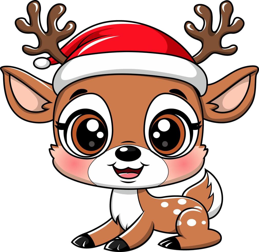 Kawaii reindeer with Santa's Hat - Cute deer with Christmas hat on white background, illustration vector
