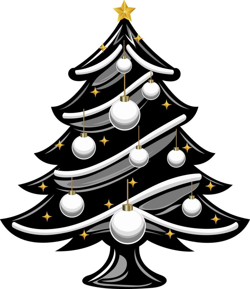 Artistic Black and White Christmas Tree Illustration - Illustration of a Christmas tree with balls and stars on a white background vector