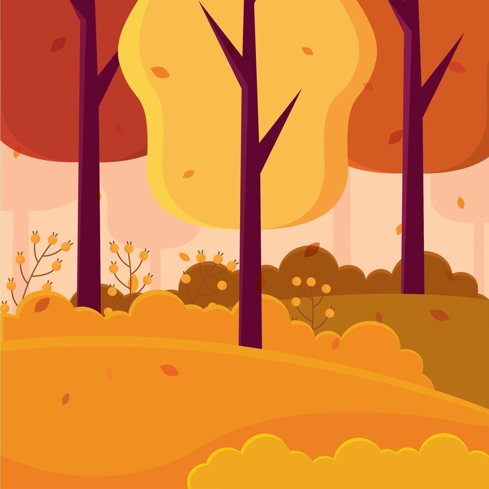 Colorful autumn trees with falling leaves in a forest, vector
