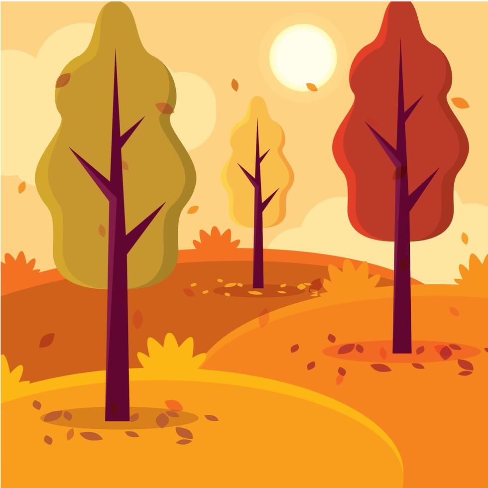 Autumn landscape with colorful trees and sunny skies, vector