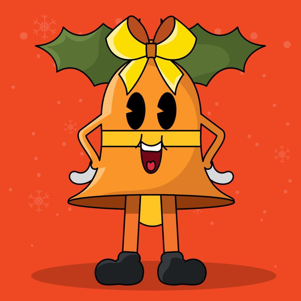 Smiling Christmas bell with holly leaves and cheerful face, vector