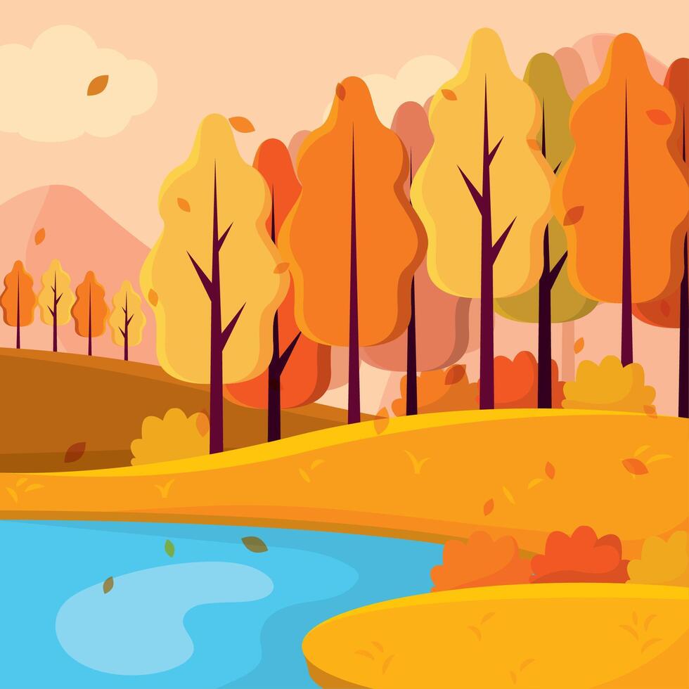 Autumn forest near river with colorful trees and leaves, vector