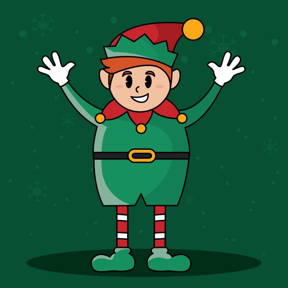 Happy Christmas elf with open arms and festive outfit, vector