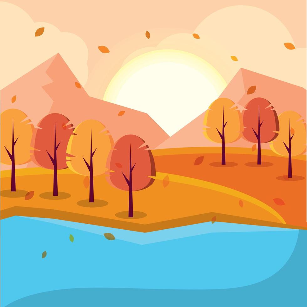 Autumn landscape with trees by a peaceful lake, vector