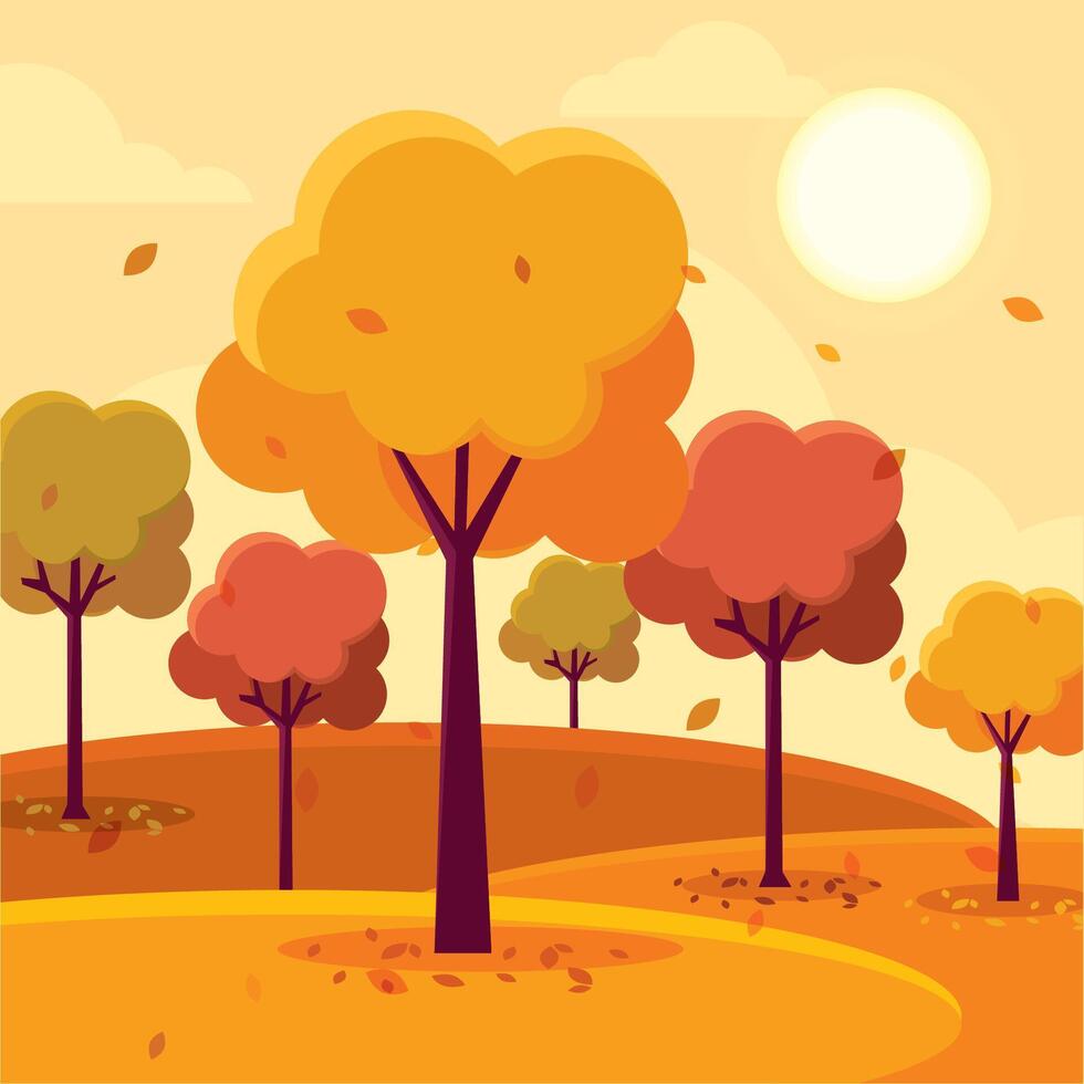 Sunny autumn landscape with trees and falling leaves, vector