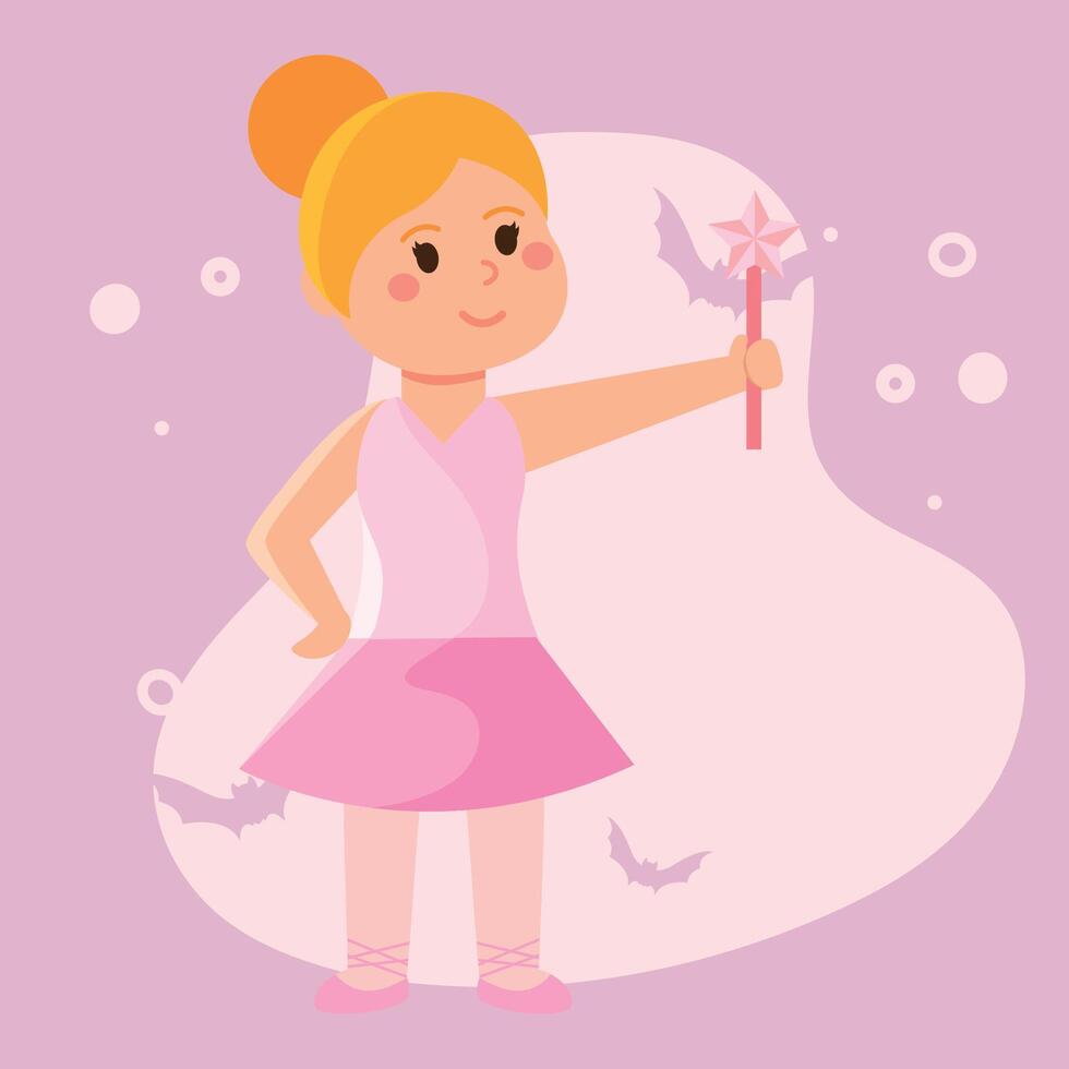 Fairy princess girl holding wand in pink dress for Halloween, vector