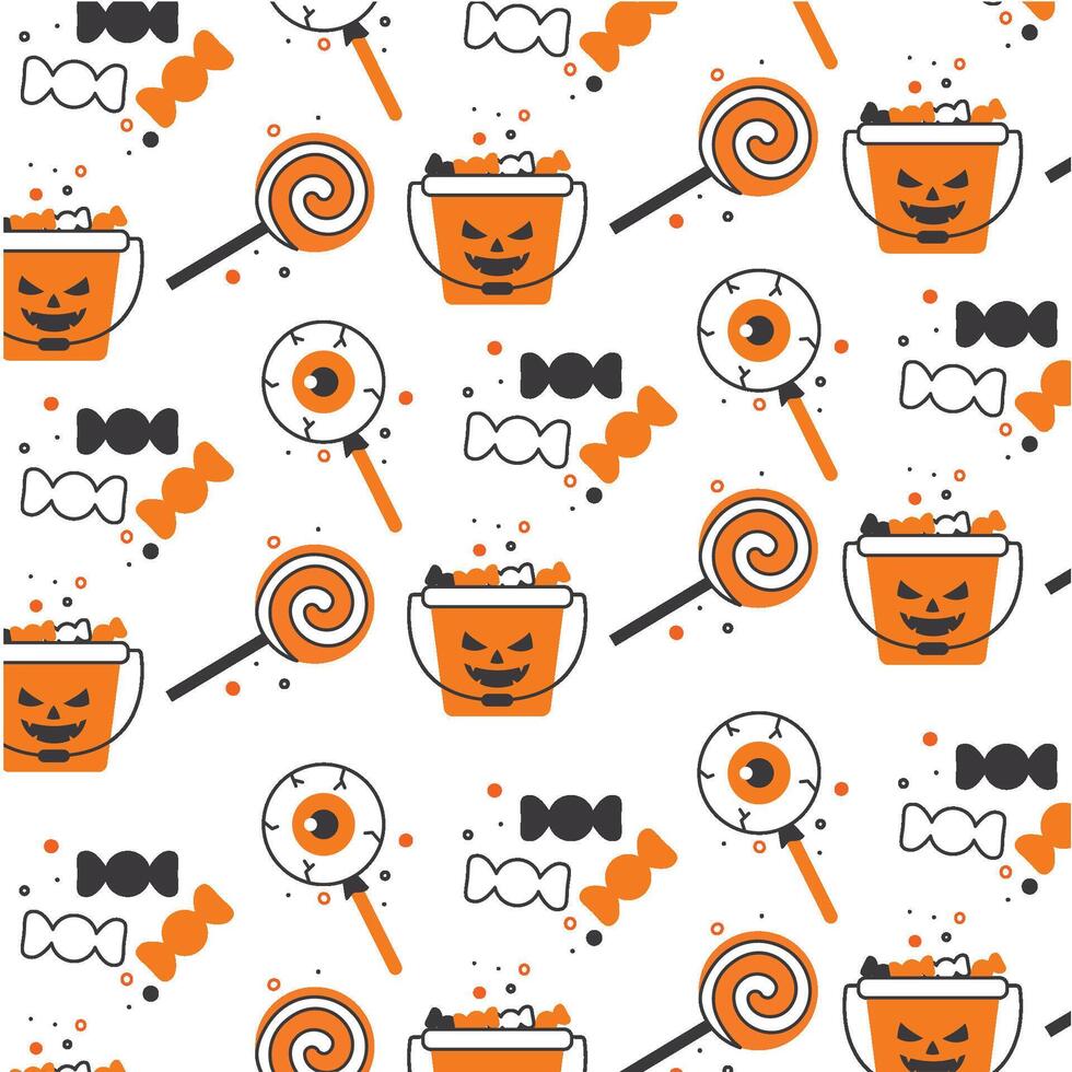 Halloween candy, lollipop, and pumpkin bucket pattern, vector