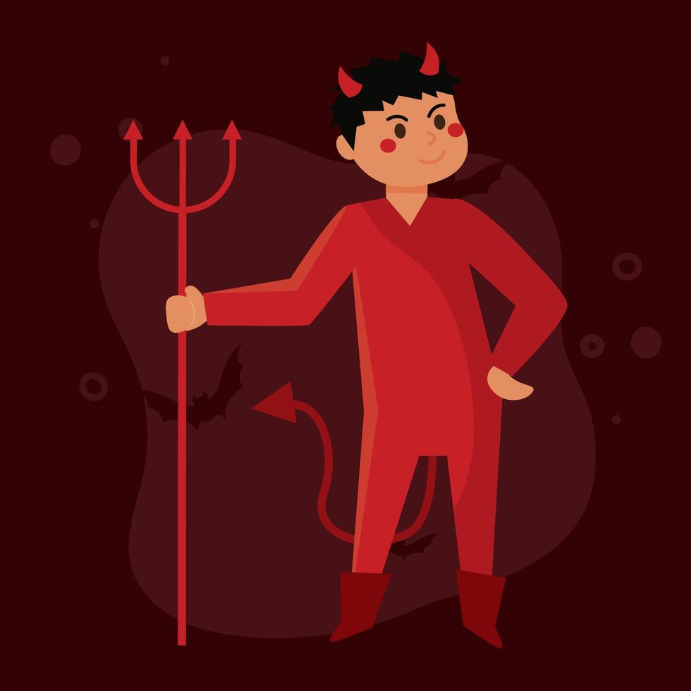 Devil boy with horns and trident for Halloween, vector