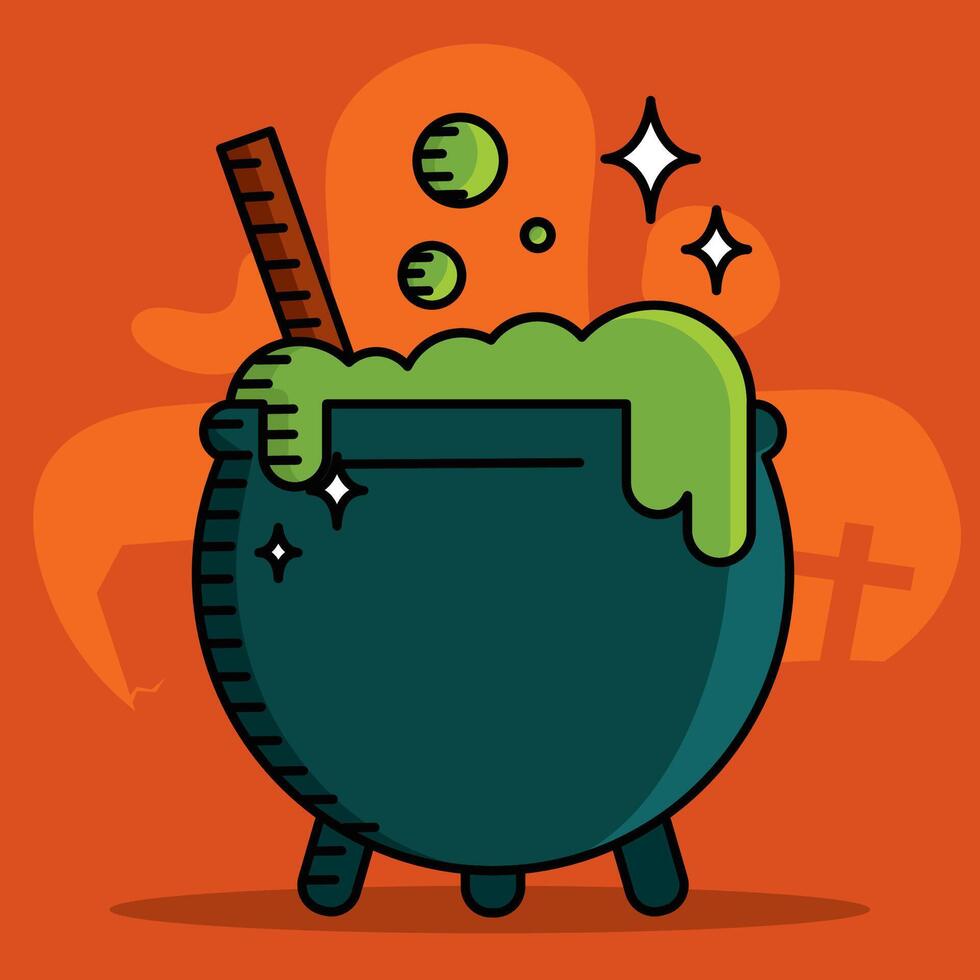 Cauldron with green potion bubbling for Halloween design, vector