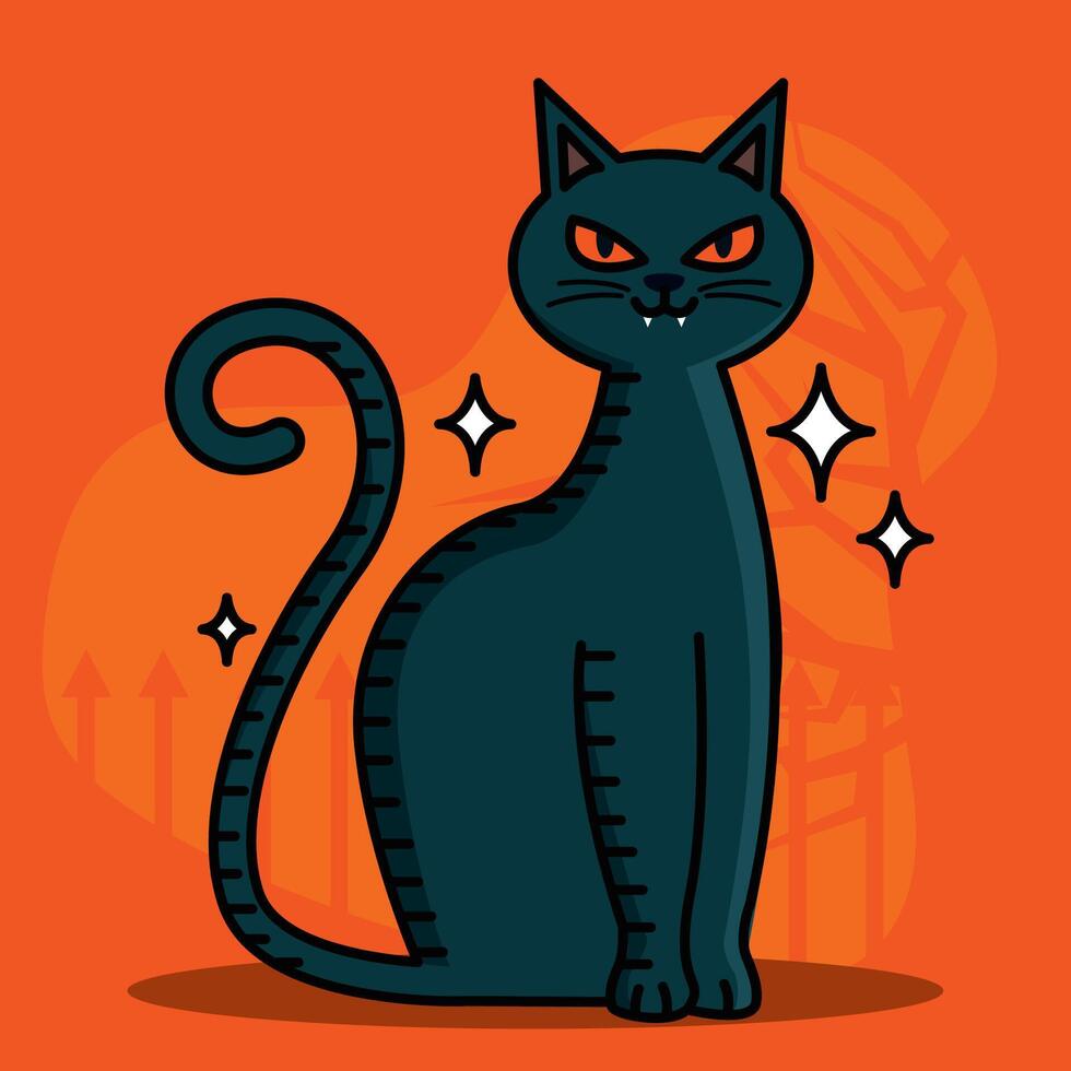 Black cat with glowing eyes for spooky Halloween decor, vector