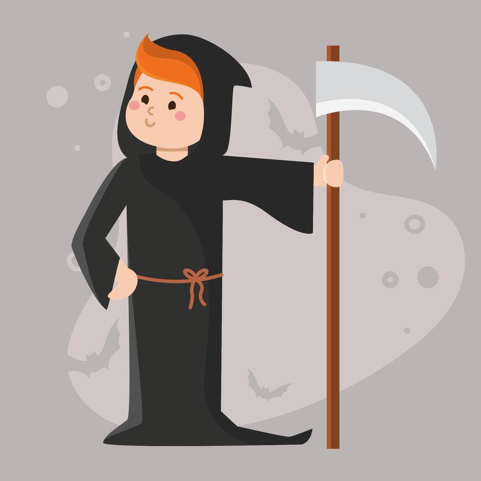 Grim reaper boy with scythe for Halloween, vector