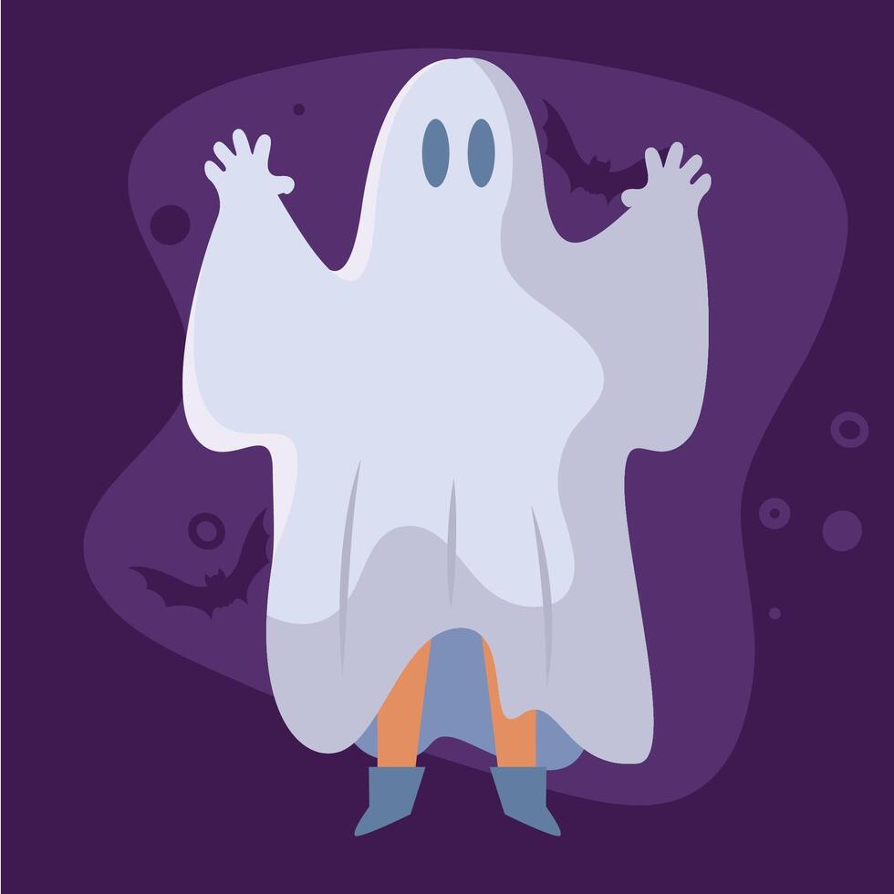 Ghost boy in a spooky white sheet for Halloween, vector