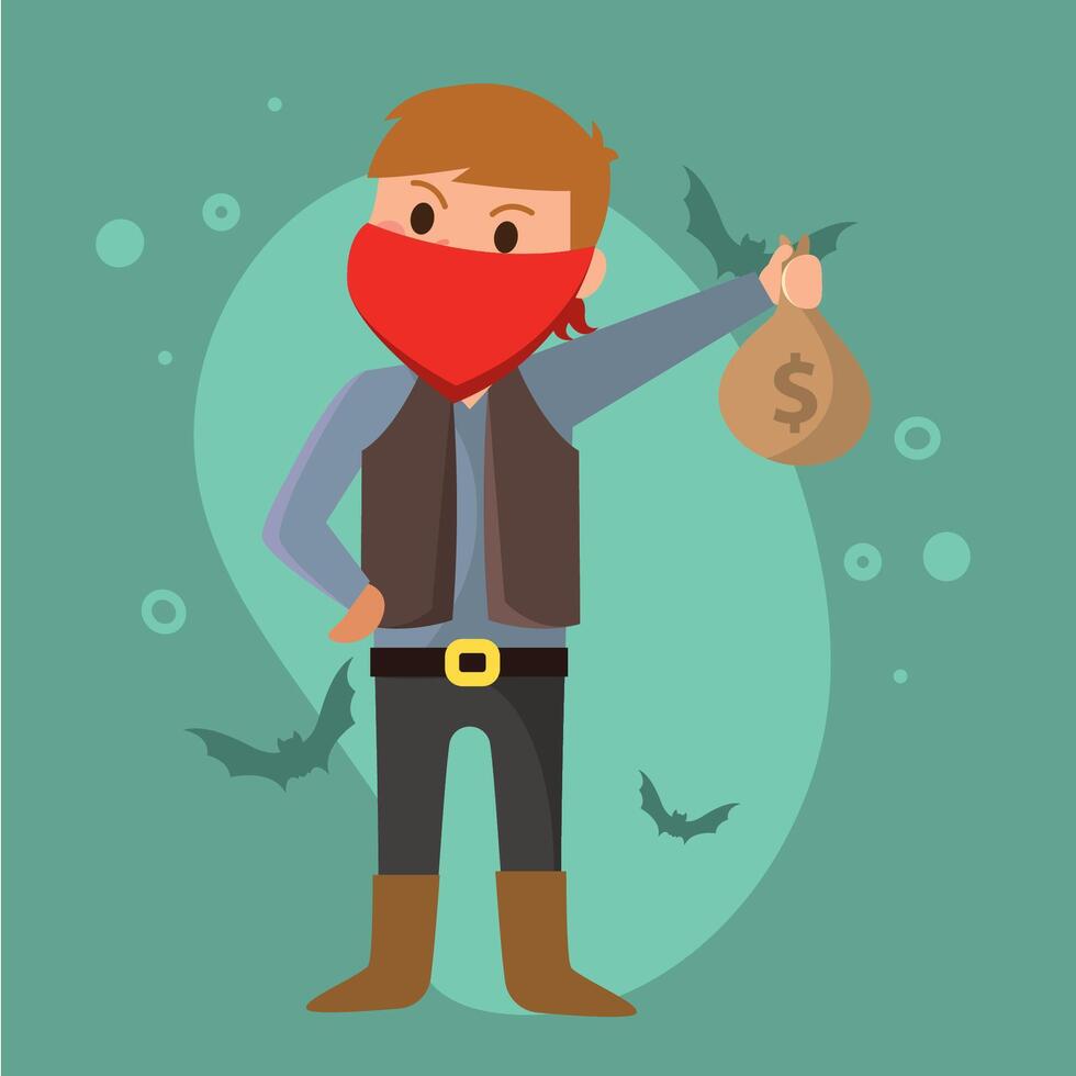 Cartoon bandit boy with money bag for Halloween, vector