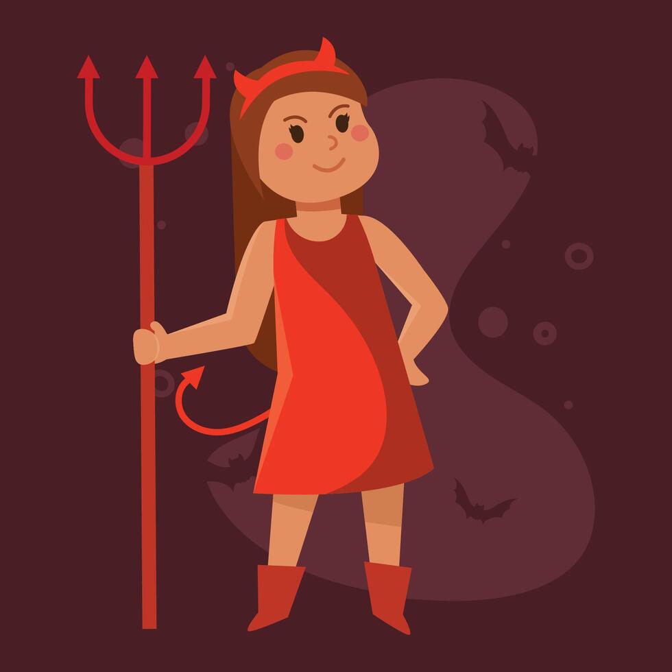 Devil girl with horns and trident for Halloween celebrations, vector