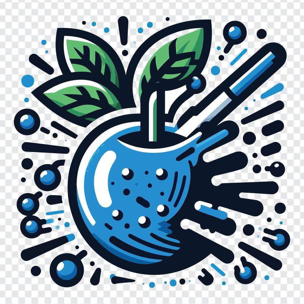 Blue apple with a spoon and leaves on it vector