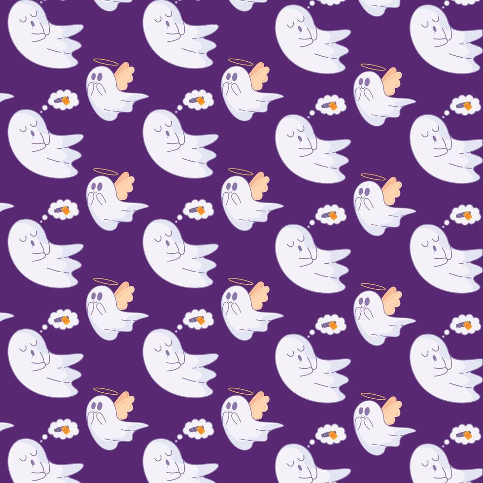 Ghosts dreaming of candy and angels in Halloween pattern, vector