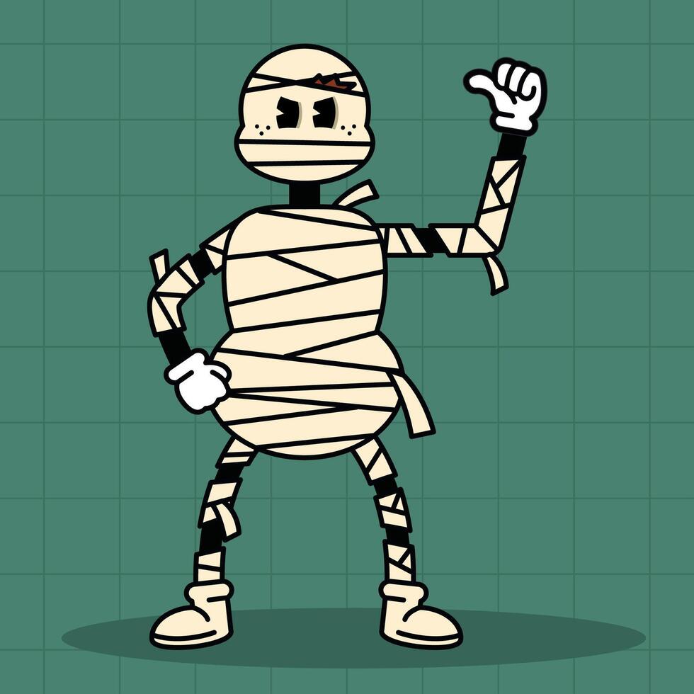 Mummy cartoon character with bandages in proud pose, vector