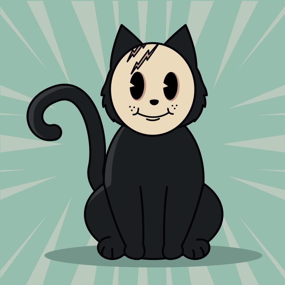 Black cat cartoon with scarred mask face and sitting posture, vector