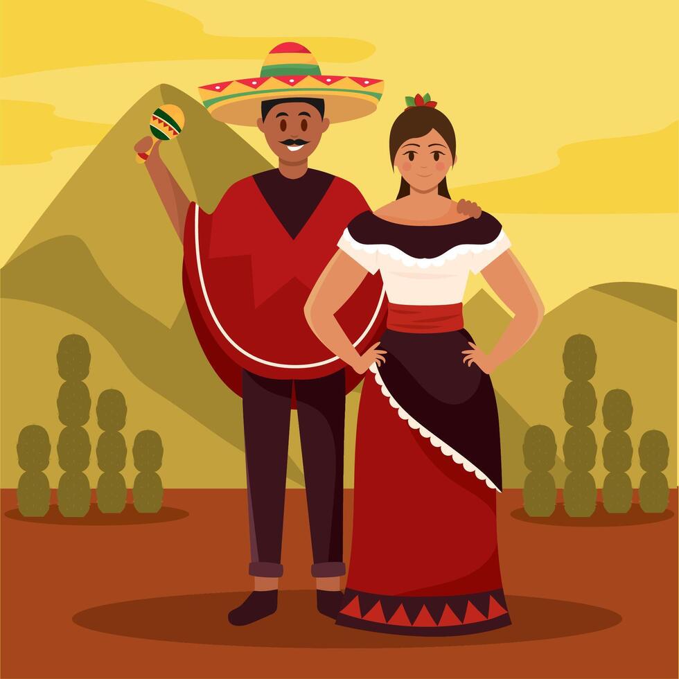 Mexican couple with maracas in traditional clothing, vector