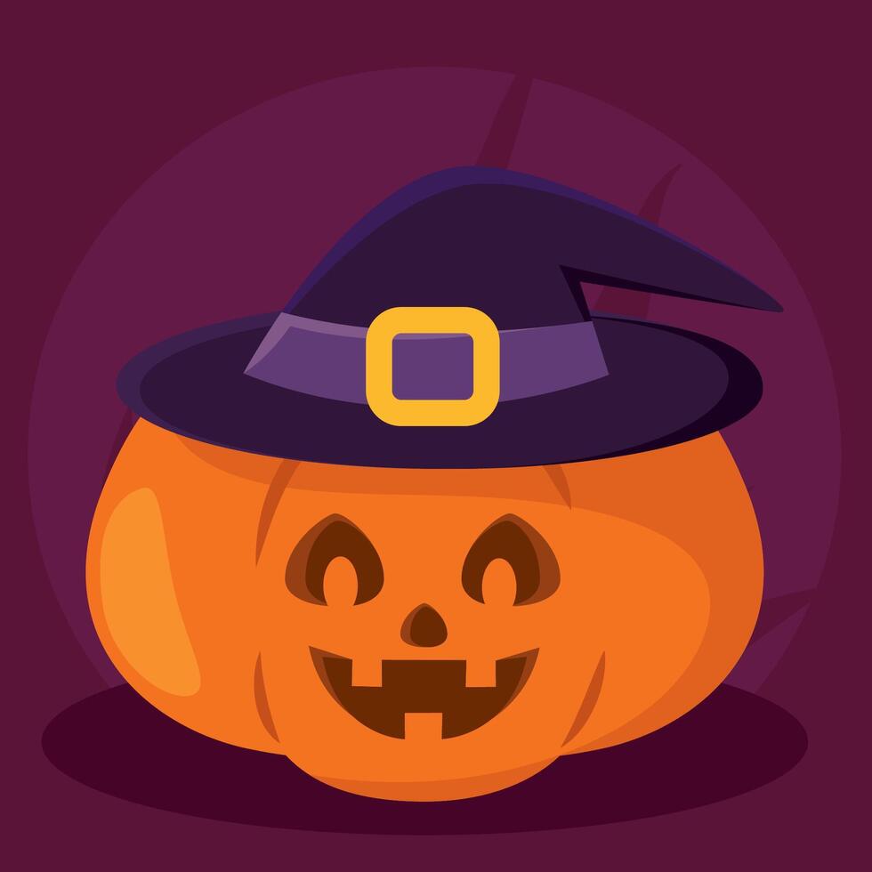 Halloween jack-o-lantern pumpkin with witch hat, vector