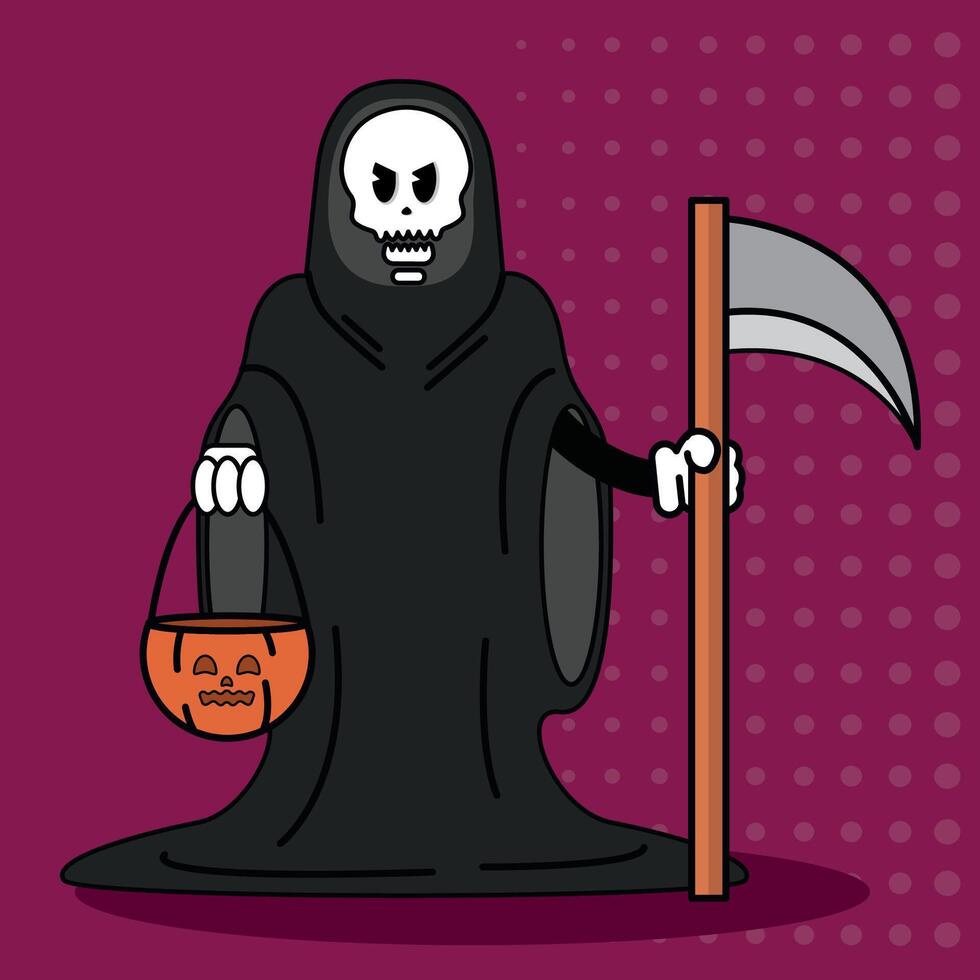 Grim reaper character holding scythe and pumpkin bucket, vector