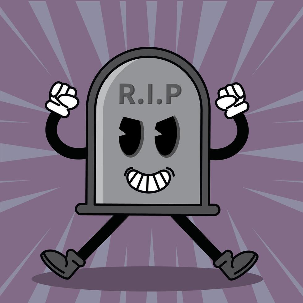 Cartoon tombstone character with clenched fists and a grin, vector
