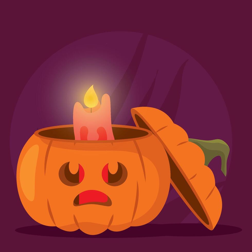 Pumpkin with candle inside and scary expression, vector