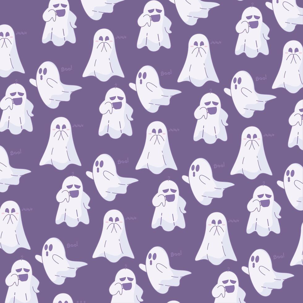 Playful ghost pattern with funny expressions and Boo text, vector