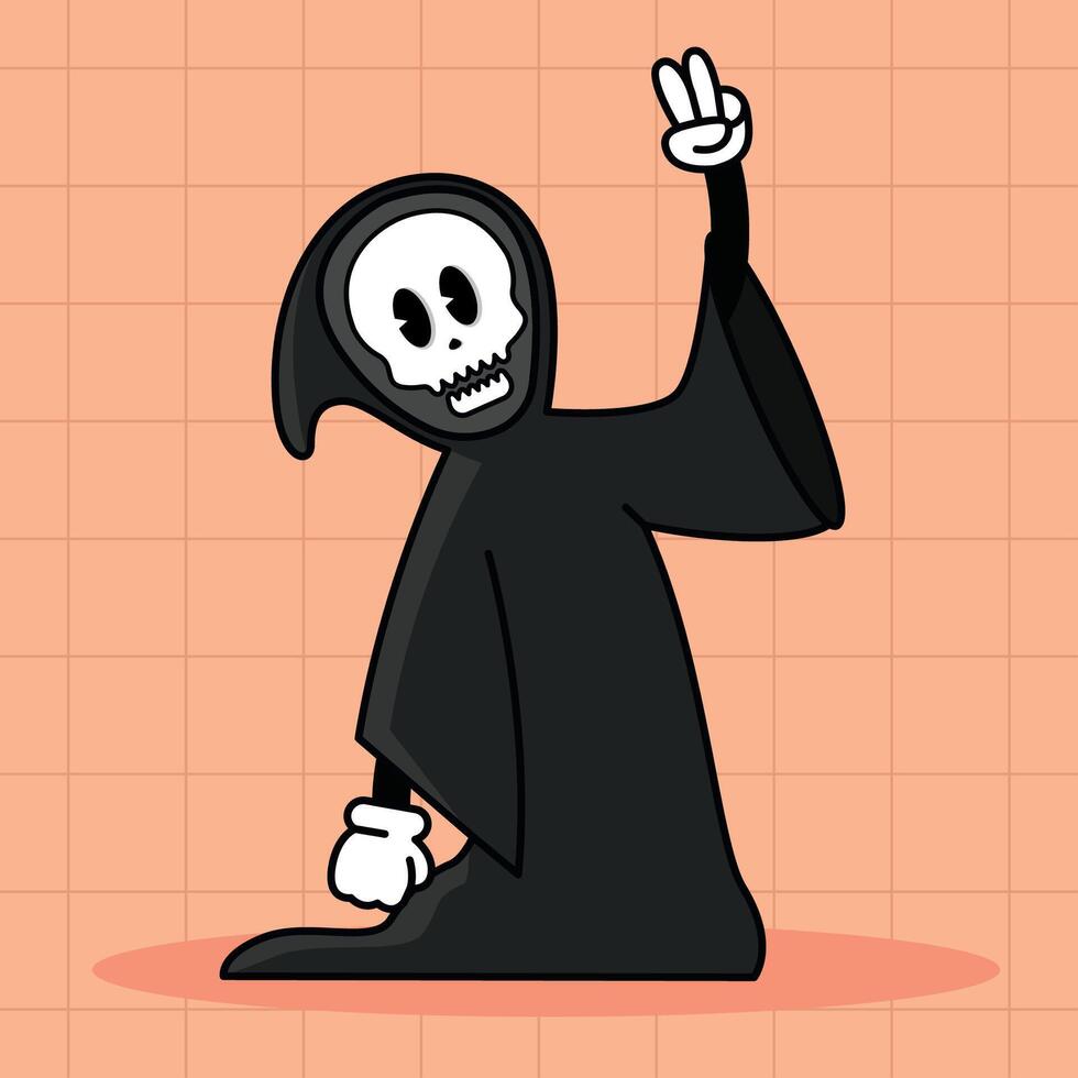 Grim reaper cartoon character making peace sign, vector